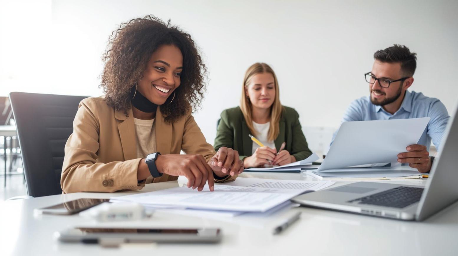 Smiling marketers reviewing compliance notes with gadgets on a bright workspace and blurred laptop.