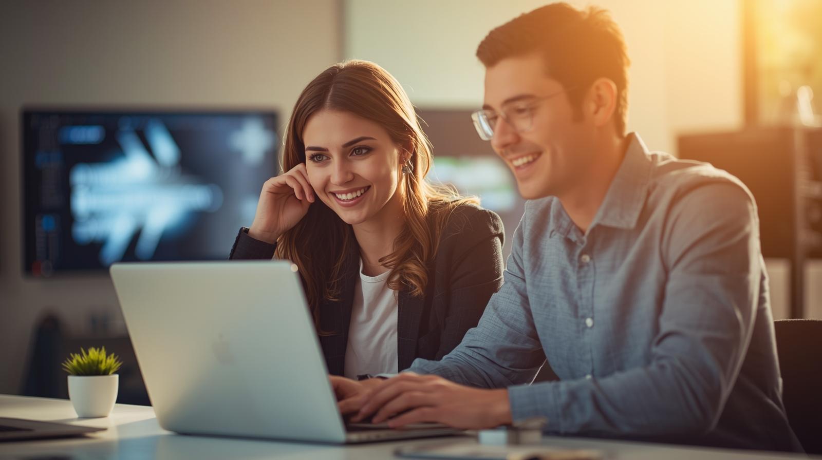 Smiling tech professionals collaborating with blurred mobile app screens in bright office.